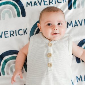 Personalized Rainbow Blanket, Baby Boy, Navy Sky Blue Teal Rainbows, Custom Name, Sherpa or Minky, Choose your Font,  Rainbow Collection