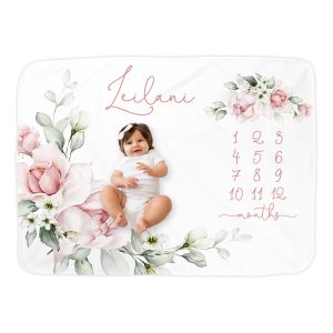 Pastel Pink Rose Milestone Blanket/Monogram Custom Photo Baby Blanket/Growth Chart/Month Growth Tracker/Pink Floral Leaf Girly Flower Custom