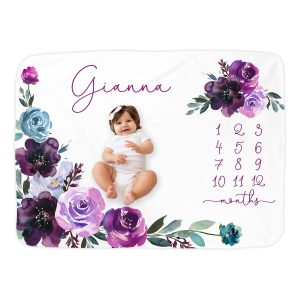 Purple Floral Rose Milestone Blanket/Monogram Custom Photo Baby Blanket/Growth Chart/Month Growth Tracker/Floral Leaf Girly Flower Custom