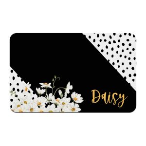 Daisies Black Dots Personalized Dog Bowl Mat / Custom Pet Placemat / New Puppy Supplies / Girl Dog / Daisy Flowers / Floor Mat / Pet Mat