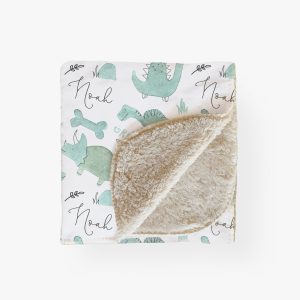 Dinosaur Personalized Name Blanket Toddler Boy / Dino Blue Green Watercolor Custom Name / Sherpa Backing Cuddly Kid Blanket Gift