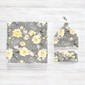 Yellow Floral Rose Swaddle Blanket Headband Hat Set / Personalized Baby Shower Gift / Hospital Newborn Photos / Rosie Collection