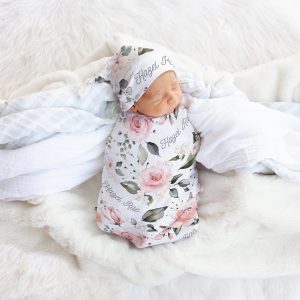 Floral Personalized Swaddle Blanket Headband Hat Set, Baby Girl Coming Home Outfit, Shower Gift New Mom, Hospital Photos Newborn Rose Pink