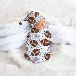 Football Season Newborn Personalized Baby Swaddle Blanket Set / Newborn Beanie Knotted Hat / Baby Shower Gift / Custom Print Name