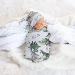 Personalized Dinosaur Swaddle Blanket Set / Custom Newborn Beanie Knotted Hat / Baby Boy Gift / Dinosaur / Prehistoric Collection