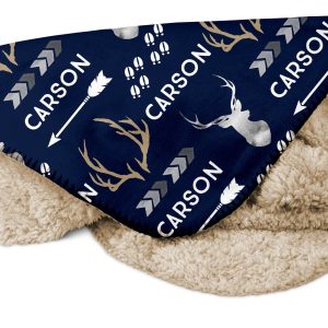 Personalized Hunting Blanket with Name, Baby Boy, Navy, Arrow Antler, Sherpa or Minky, Birthday Newborn Christmas Gift, Deer Collection