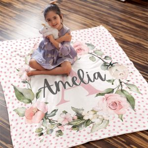 Monogram Personalized Name Blanket Toddler Girl Pink Rose Pink Polka Dot Sherpa Christmas Present Cuddly Kid Personalized Baby Shower Gift