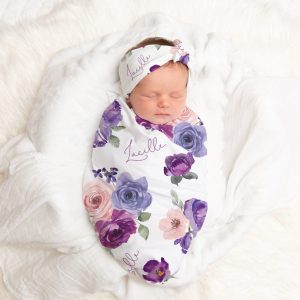 Pink Purple Swaddle Set, Matching Headband Hat, Personalized Baby Shower Gift, Flowers Purple Large Swaddle and Beanie, Newborn Photos