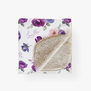 Purple Floral Blanket / Personalized Baby Shower Gift / Hospital Newborn Photos Prop / Purple Pink Garden Baby Girl Sherpa Blanket Grey