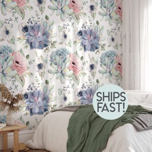 Succulent Cactus Floral Wallpaper, Pink Purple Green, Peel Stick Removable, Baby Girl Nursery Decor, Vintage Watercolor, Living Room Bedroom