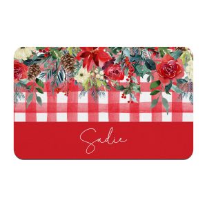 Christmas Flowers Red Gingham Pet Bowl Mat / Personalized Pet Placemat / Pet Supplies / Water Bowl Mat / Christmas Plaid / Pointsettias