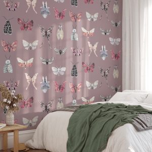 Large Scale Pink Purple Moth Butterfly Wallpaper / Peel Stick Removable / Botanical Retro Boho Peace Vibes /Toddler Teenager Bedroom Vintage