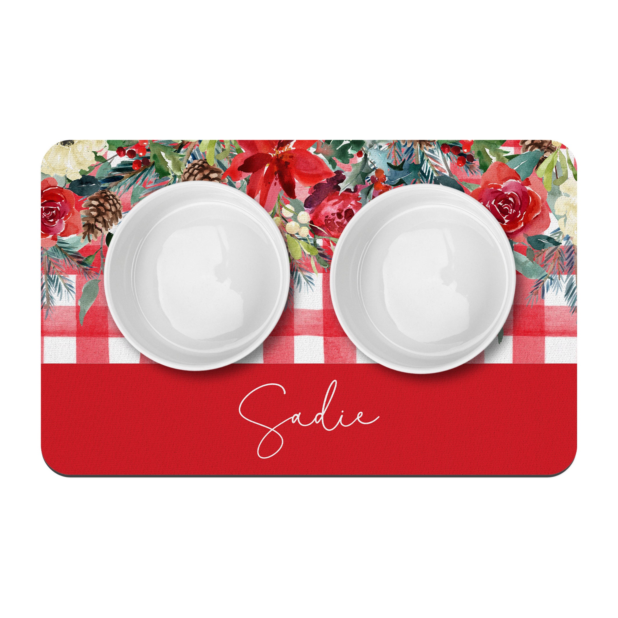 Christmas Flowers Red Gingham Pet Bowl Mat / Personalized Pet Placemat / Pet Supplies / Water Bowl Mat / Christmas Plaid / Pointsettias - Image 2