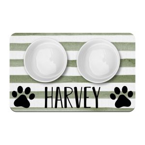Paw Prints and Sage Green Stripe Personalized Pet Mat / Pet Name / Dog Cat Bowl Mat / Pet Supplies / Farmhouse Style Watercolor Stripes