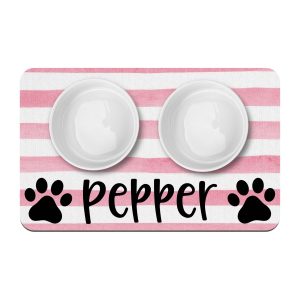 Paw Prints and Pink Stripe Personalized Pet Mat / Pet Name / Girl Cat Dog Bowl Mat / Pet Supplies / Farmhouse Style Watercolor Stripes