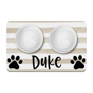 Paw Prints and Tan Beige Stripe Personalized Pet Mat / Pet Name / Cat Dog Bowl Mat / Pet Supplies / Farmhouse Style Watercolor Stripes