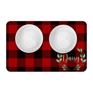 Red and Black Plaid Christmas Wreath Pet Mat / Pet Name / Food Mat / Water Mat / New Puppy Supplies / Custom Christmas Decor / Pet Mat