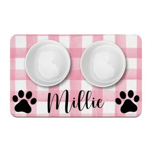 Paw Prints and Pink Gingham Personalized Pet Mat / Pet Name / Girl Cat Dog Bowl Mat / Pet Supplies / Farmhouse Style Watercolor Gingham