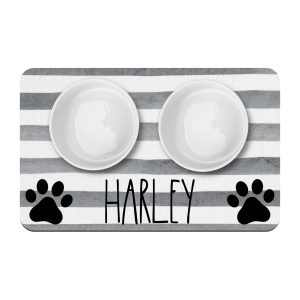 Paw Prints and Grey Stripe Personalized Pet Mat, Name Gift for Dog or Cat Lover, Food and Water Bowl Mat, Farmhouse Style Watercolor Stripe