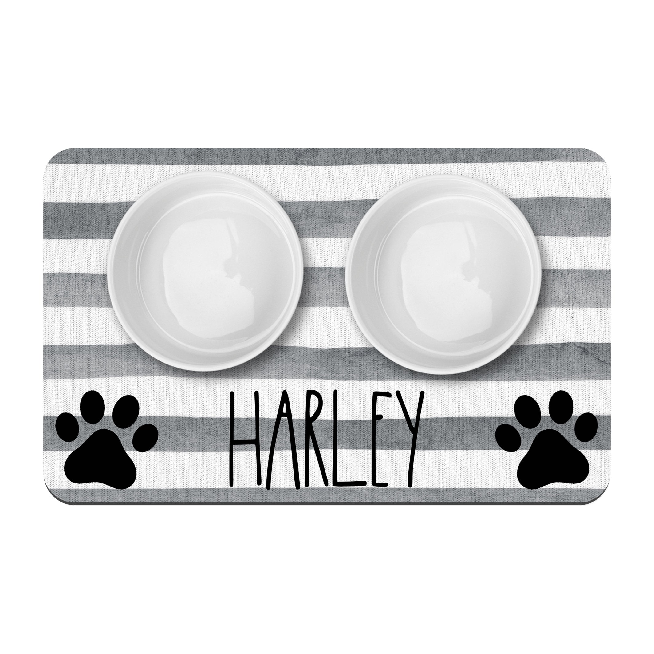 Paw Prints and Grey Stripe Personalized Pet Mat, Name Gift for Dog or Cat Lover, Food and Water Bowl Mat, Farmhouse Style Watercolor Stripe