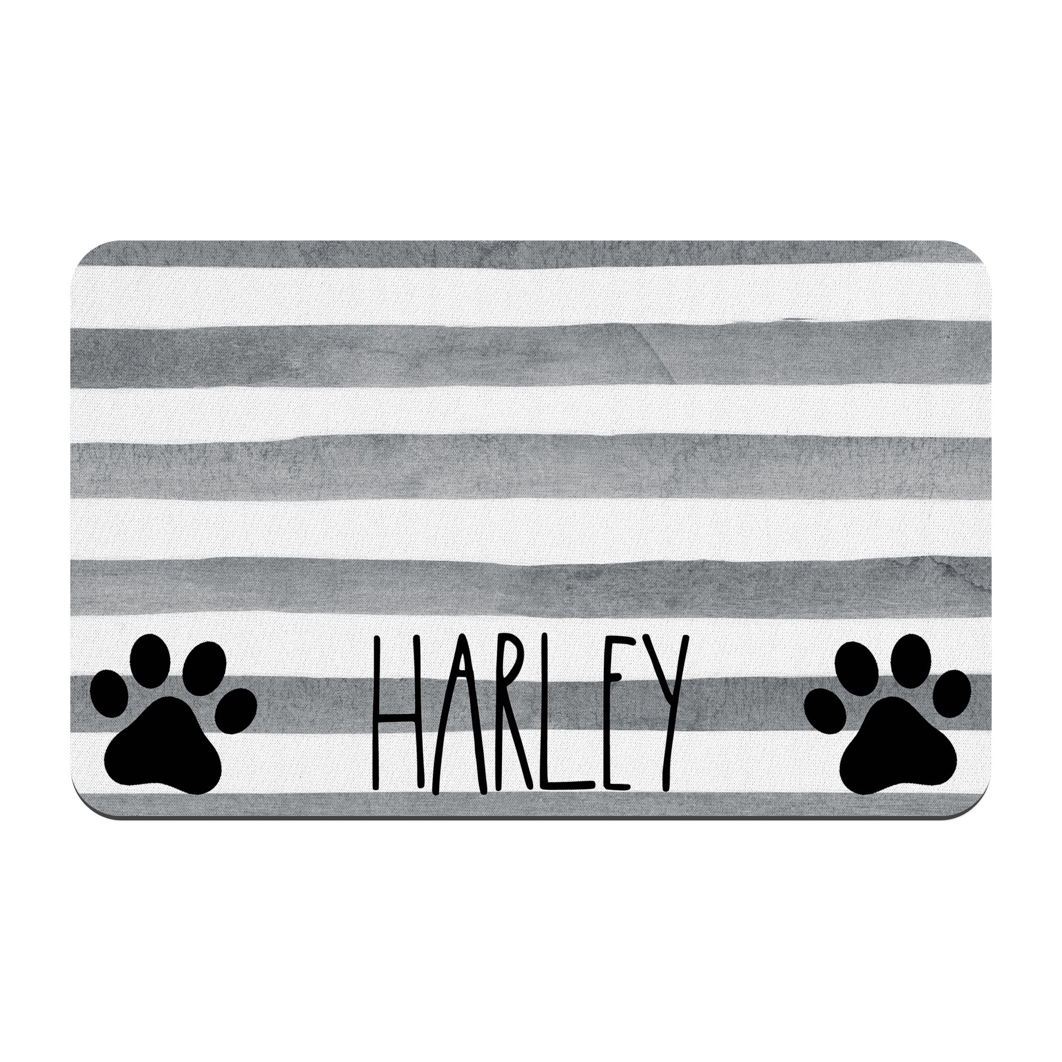 Paw Prints and Grey Stripe Personalized Pet Mat, Name Gift for Dog or Cat Lover, Food and Water Bowl Mat, Farmhouse Style Watercolor Stripe - Image 2