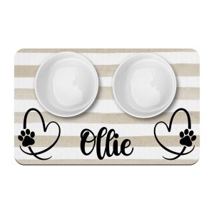 Paw Prints in Heart and Tan Beige Stripe Personalized Pet Mat / Pet Name / Cat Dog Bowl Mat / Pet Supplies / Neutral Farmhouse Style