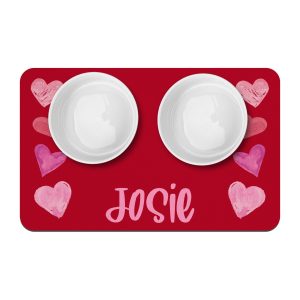 Red with Pink Hearts Personalized Pet Mat / Custom Dog Bowl Placemat / New Puppy Supplies / Cat Dog Water Bowl Mat / Floormat / Pink Hearts