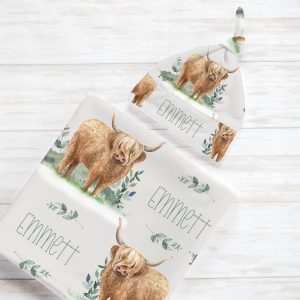 Highland Cow Personalized Boy Swaddle Blanket / Cow Blanket / Cow Nursery / Knot Hat / Personalized Baby Shower Gift / Farm Collection