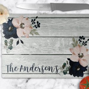 Personalized Navy Pink Floral Glass Cutting Board / Floral Kitchen Decor / Wedding New Home Birthday Christmas Gift/Home Kitchen Collection