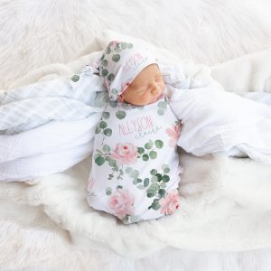 Personalized Baby Girl Swaddle, Hat, Headband, First & Middle Name, Custom Pink Floral Rose Eucalyptus, Two Fonts, Allyson Claire Collection