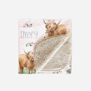 Highland Cow Personalized Baby Girl Blanket Sherpa Backing Minky Custom Gift Floral Cow Farm Country Bull Shower Gifts Name Script Font