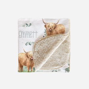 Highland Cow Personalized Baby Boy Blanket, Sherpa or Minky,  Western, Farm Collection