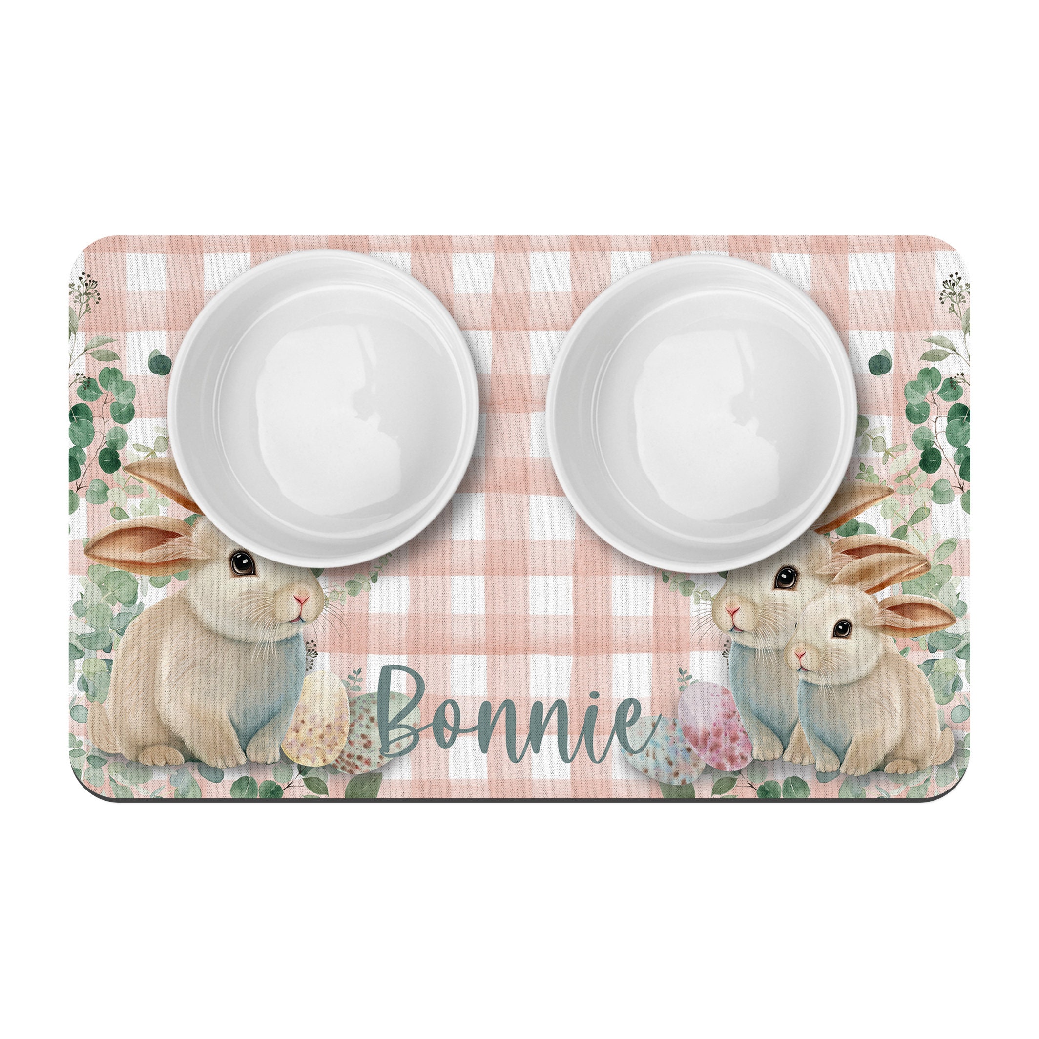 Easter Bunnies and Eggs Pet Food Placemat / Personalized Pet Mat / Pet Supplies / Water Bowl Mat / Watercolor Gingham / Easter - Image 2