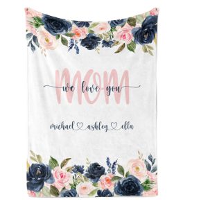 Personalized Mom Blanket, Navy & Pink Roses, Kids Names, Mommy Mother Grandma Blanket, Gift From Kids, Mothers Day, Christmas