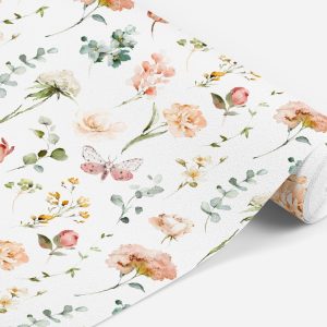 Garden Botanical Butterfly Wallpaper, Peel Stick Removable, Pink Pressed Floral Retro Boho Vibes, Baby Girl Toddler Teenager Bedroom Vintage