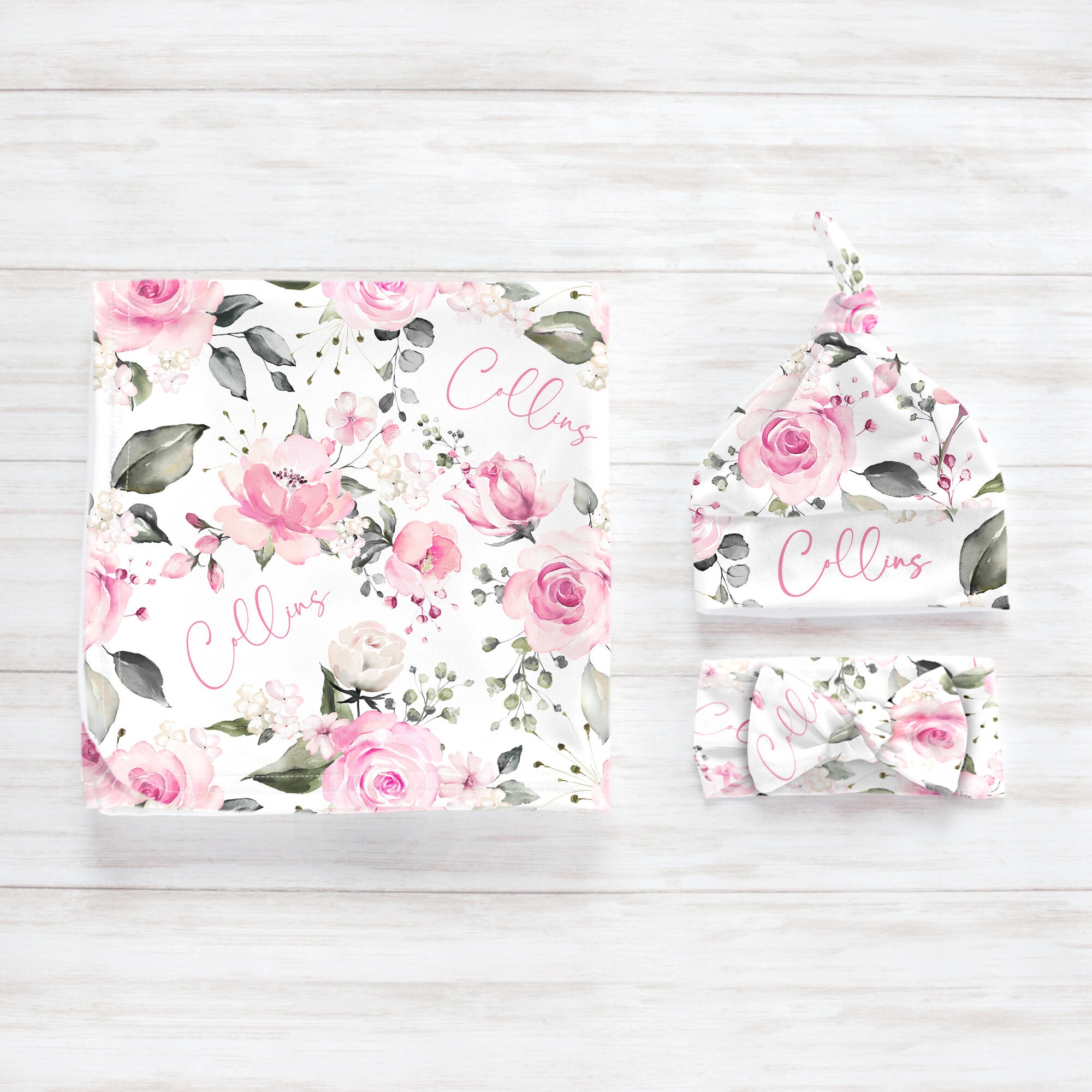 Fuchsia Rose Swaddle Set, Pink Floral Bow Headband Hat, Personalized Baby Shower Gift, Newborn Photos Prop, Expecting Mom Gift Rosie Girl - Image 3