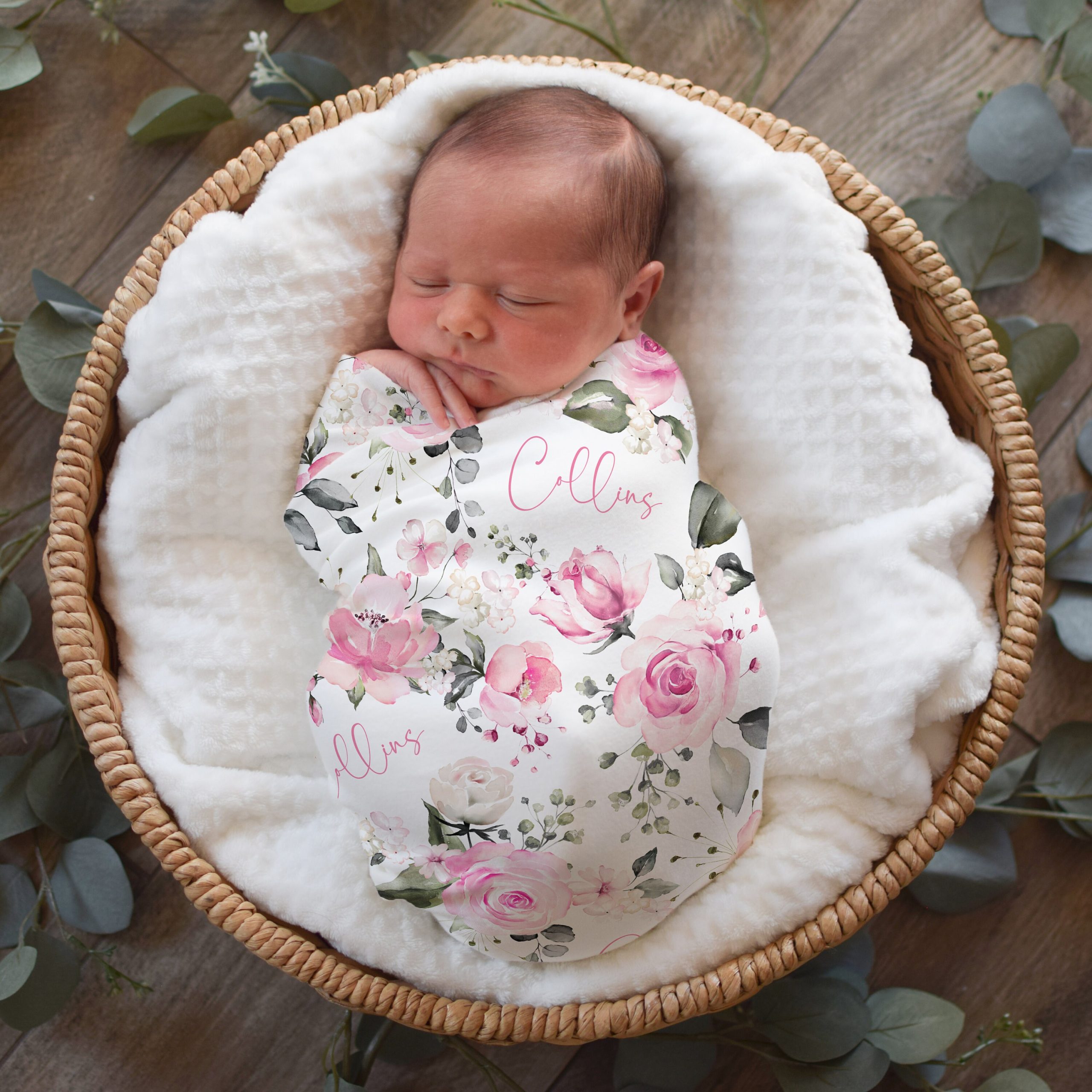 Fuchsia Rose Swaddle Set, Pink Floral Bow Headband Hat, Personalized Baby Shower Gift, Newborn Photos Prop, Expecting Mom Gift Rosie Girl - Image 2