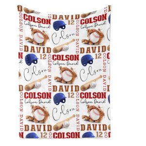 Baseball Softball Blanket, Personalized First & Middle Name Collage, Ball Glove Mitt Bat Helmet, Sport Player, Teen, Tween, Adult