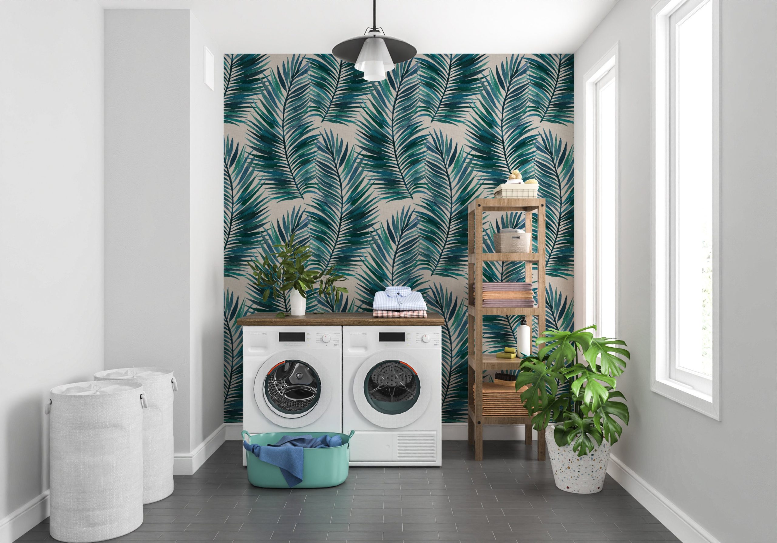 Tropical Palm Leaf Wallpaper, Blue Teal Green, Home Decor, Coastal Beachy, Accent Wall, Peel and Stick Removable, Traditional, Nature Trees - Image 2