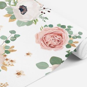 Faux Gold Glitter Peony Anemone Floral Wallpaper, Peonies Eucalyptus Flower Garden, Peel and Stick Removable, Prepasted Traditional Mural