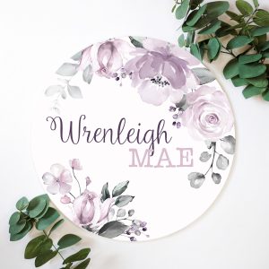 Personalized Name Announcement Sign, Purple Floral Rose, 6 Inch Birth Introduction, Wood Round Name Plaque Baby Shower Gift New Mom Hospital