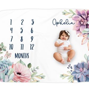 Personalized Baby Girl Milestone Blanket, Colorful Succulent Flowers, Custom Monthly Photo Growth Tracker Chart, Photo Prop