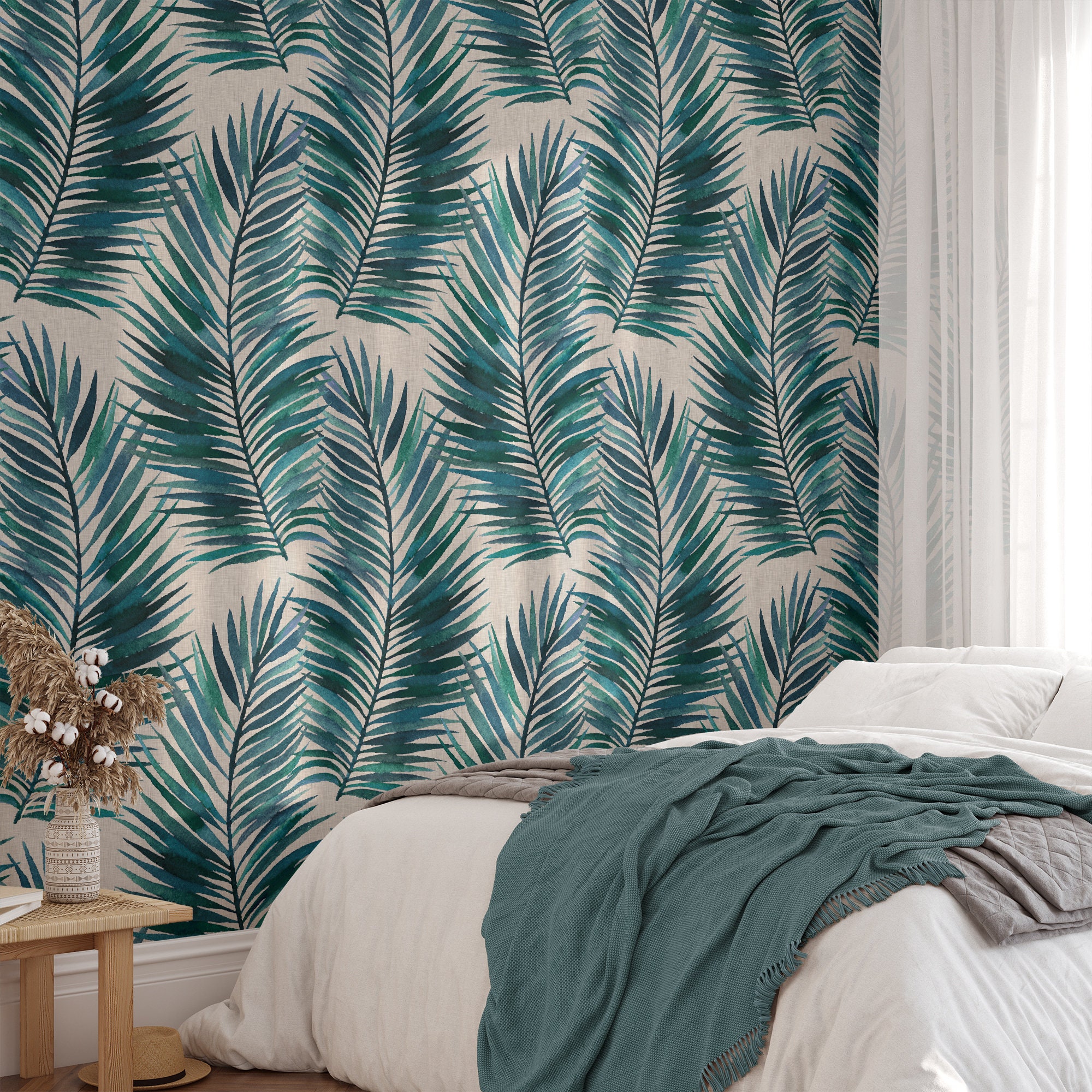 Tropical Palm Leaf Wallpaper, Blue Teal Green, Home Decor, Coastal Beachy, Accent Wall, Peel and Stick Removable, Traditional, Nature Trees - Image 3