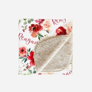 Personalized Red Floral Blanket, Name Gift, Watercolor Flowers and Eucalyptus, Christmas, Baby Girl Toddler Tween Teen Adult, Reagan