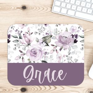 Personalized Purple Rose Desk Accessories, Mouse Pad, Desk Mat, Wrist Rest, Phone Stand, Coasters, Floral Name Christmas Birthday Gift