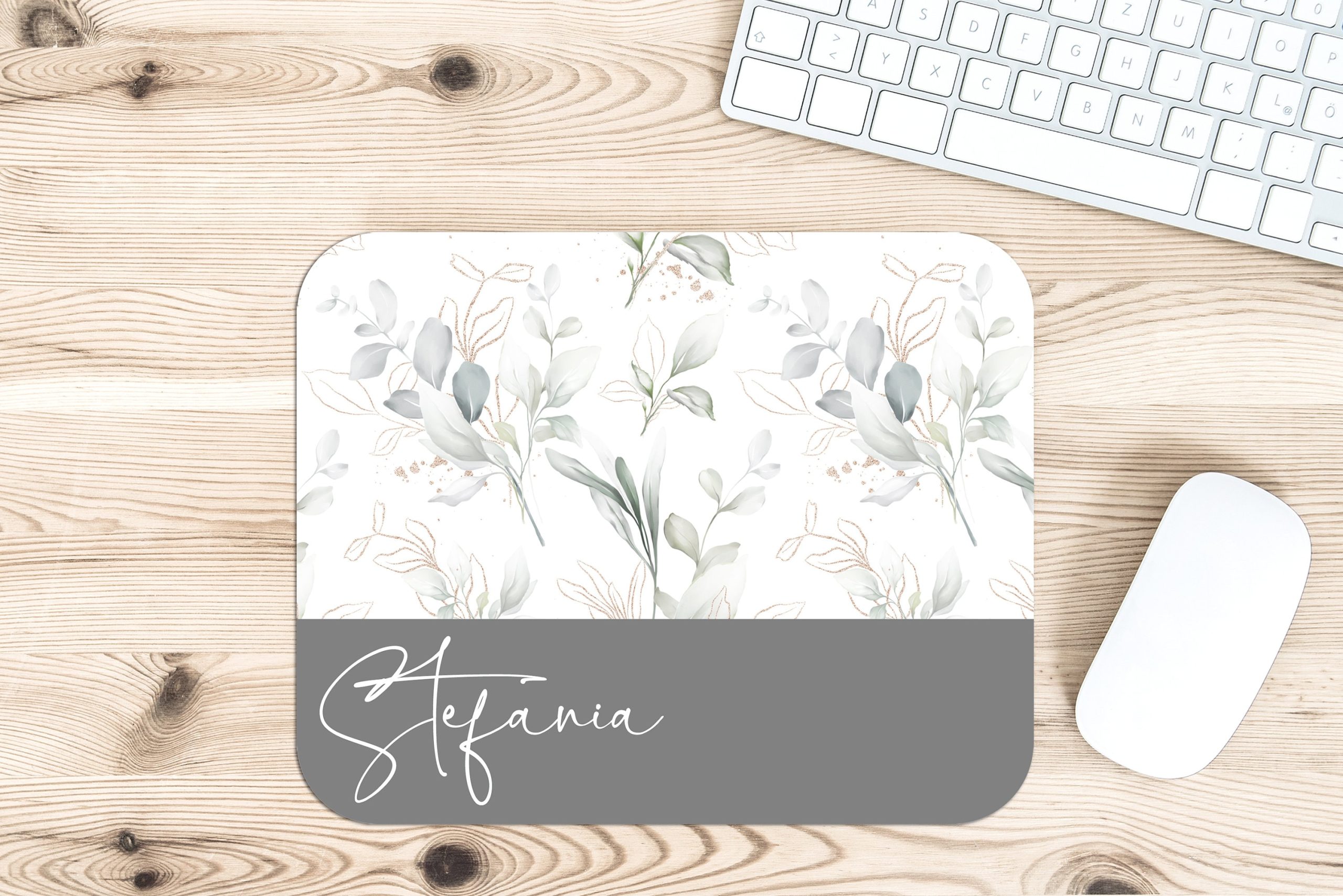 Personalized Eucalyptus and Gold Glitter Desk Accessories, Mouse Pad, Desk Mat, Wrist Rest, Phone Stand, Coaster, Floral Name Christmas Gift