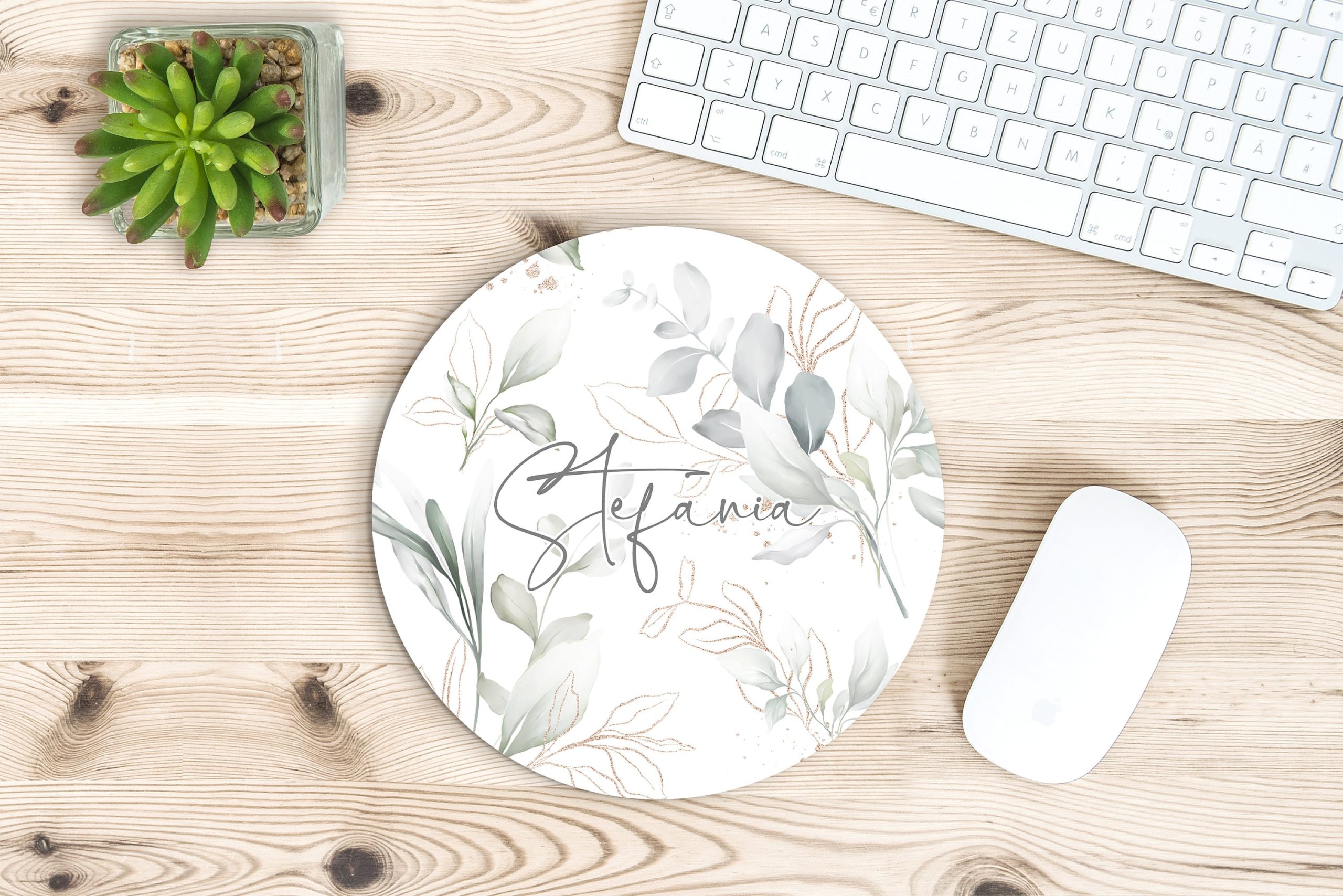 Personalized Eucalyptus and Gold Glitter Desk Accessories, Mouse Pad, Desk Mat, Wrist Rest, Phone Stand, Coaster, Floral Name Christmas Gift - Image 4