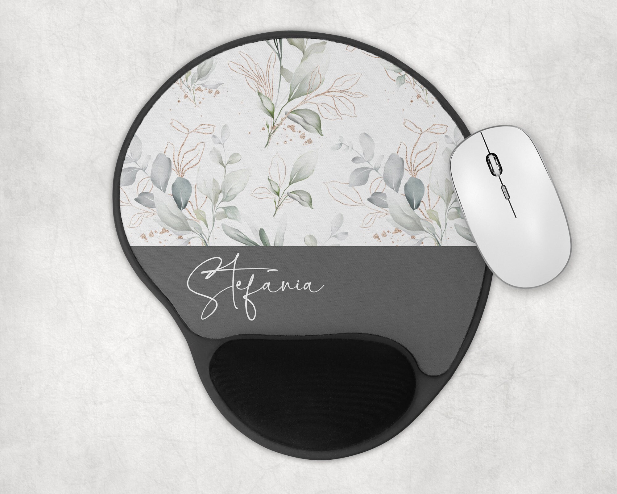 Personalized Eucalyptus and Gold Glitter Desk Accessories, Mouse Pad, Desk Mat, Wrist Rest, Phone Stand, Coaster, Floral Name Christmas Gift - Image 3