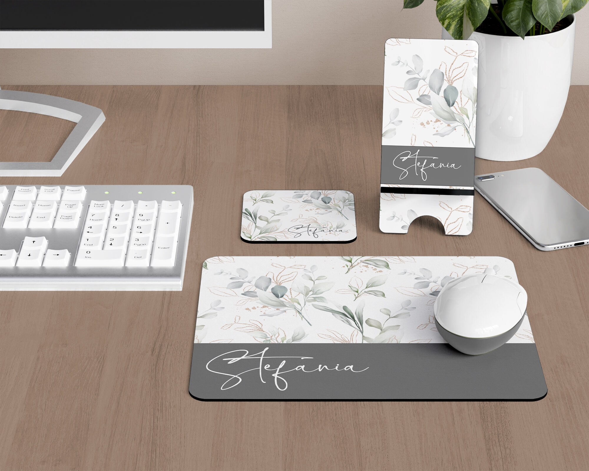 Personalized Eucalyptus and Gold Glitter Desk Accessories, Mouse Pad, Desk Mat, Wrist Rest, Phone Stand, Coaster, Floral Name Christmas Gift - Image 2