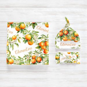 Personalized Tangerine Baby Swaddle Blanket, Headband, Newborn Beanie Knotted Hat, Gift for Baby Shower Expecting Mom, Oranges, Clementine